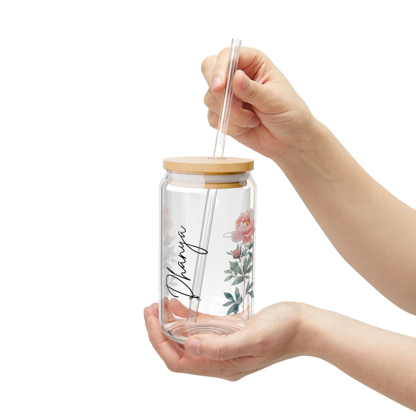 Floral Sipper Glass, Personalized Drinkware, 16oz Mason Jar, Elegant Floral Design, Eco-Friendly Straw, Perfect for Gift or Home