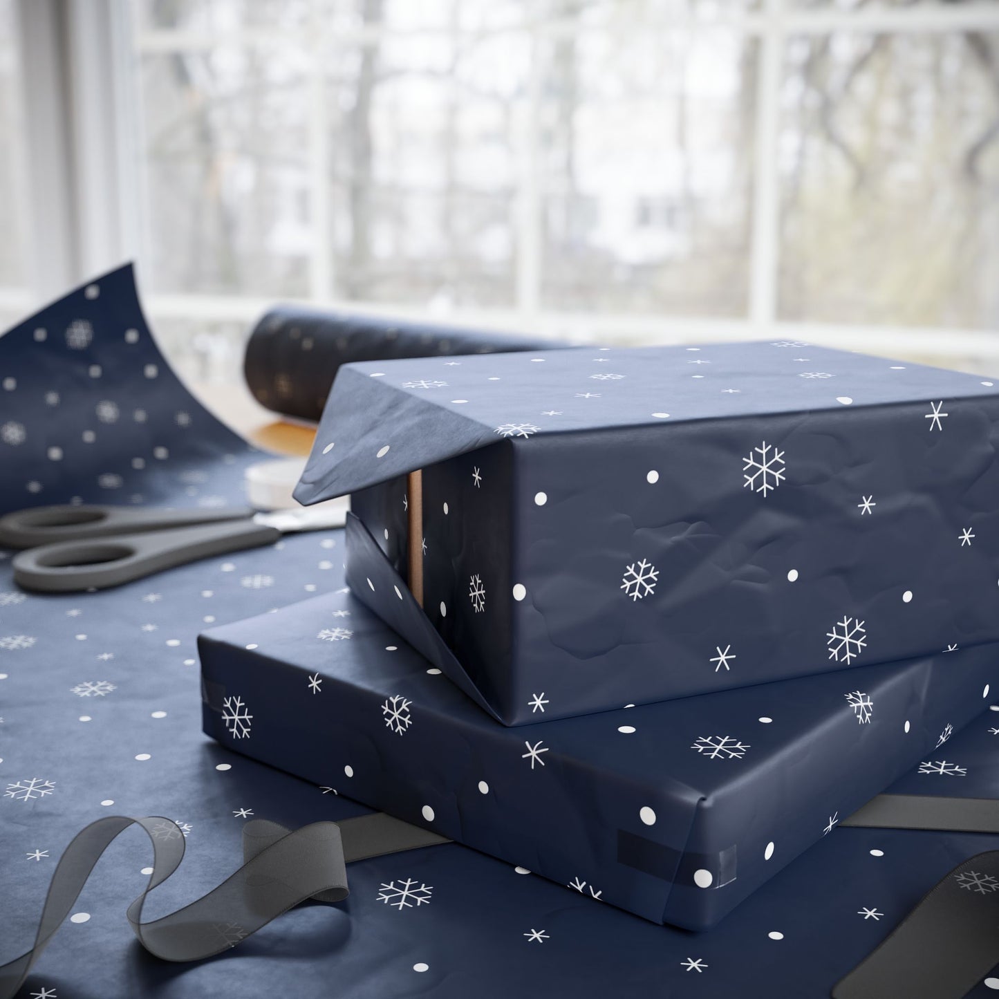 Navy Blue Snowflake Wrapping Paper, Festive Gift Wrap for Holidays, Christmas, Birthday, Winter Celebration, Eco-friendly Decorative Paper