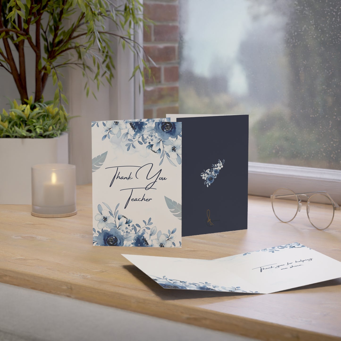Floral Thank You Cards - Teacher Appreciation, Greeting Card Set, Blue Flower Stationery, Birthday, Wedding, Office Supplies