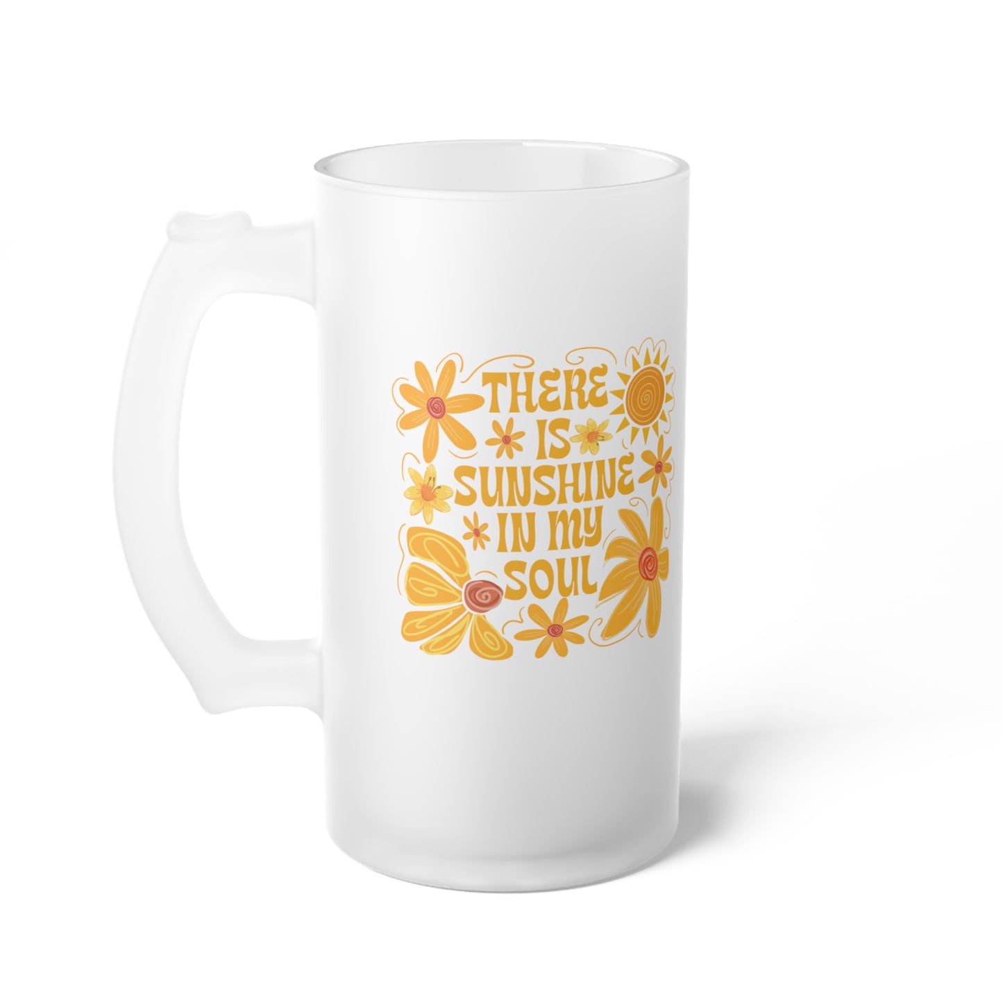 Frosted Glass Beer Mug with Sunshine and Flowers Design, Floral Beer Mug, Summer Party Drinkware, Gift for Beer Lovers, Outdoor Picnic Mug