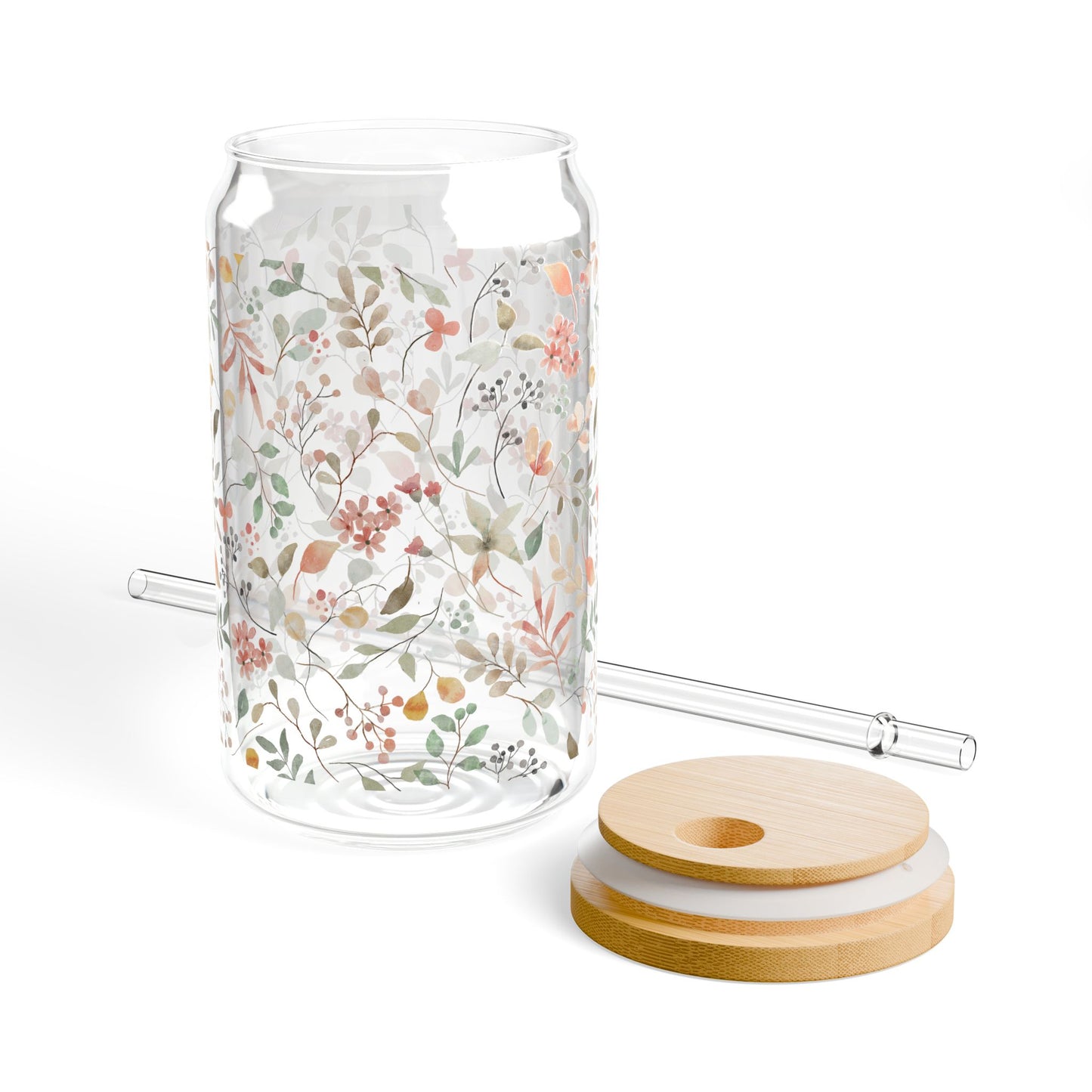 Floral Sipper Glass, 16oz Water Bottle, Eco-Friendly Drinkware, Botanical Straw Jar, Gift for Garden Lovers, Party Essential