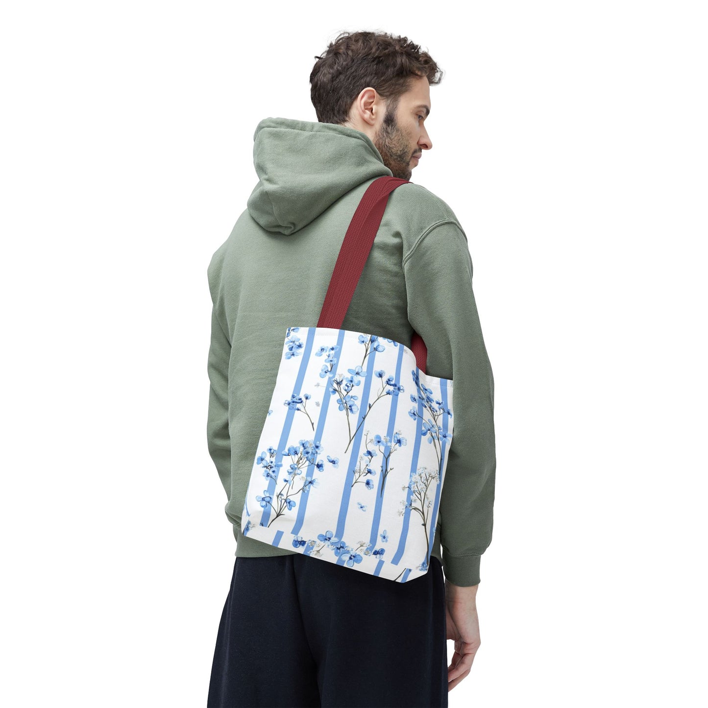 Floral Blue Striped Tote Bag - Stylish Beach Carryall, Reusable Grocery Tote, Gift for Her, Spring Floral Bag, Everyday Handbag