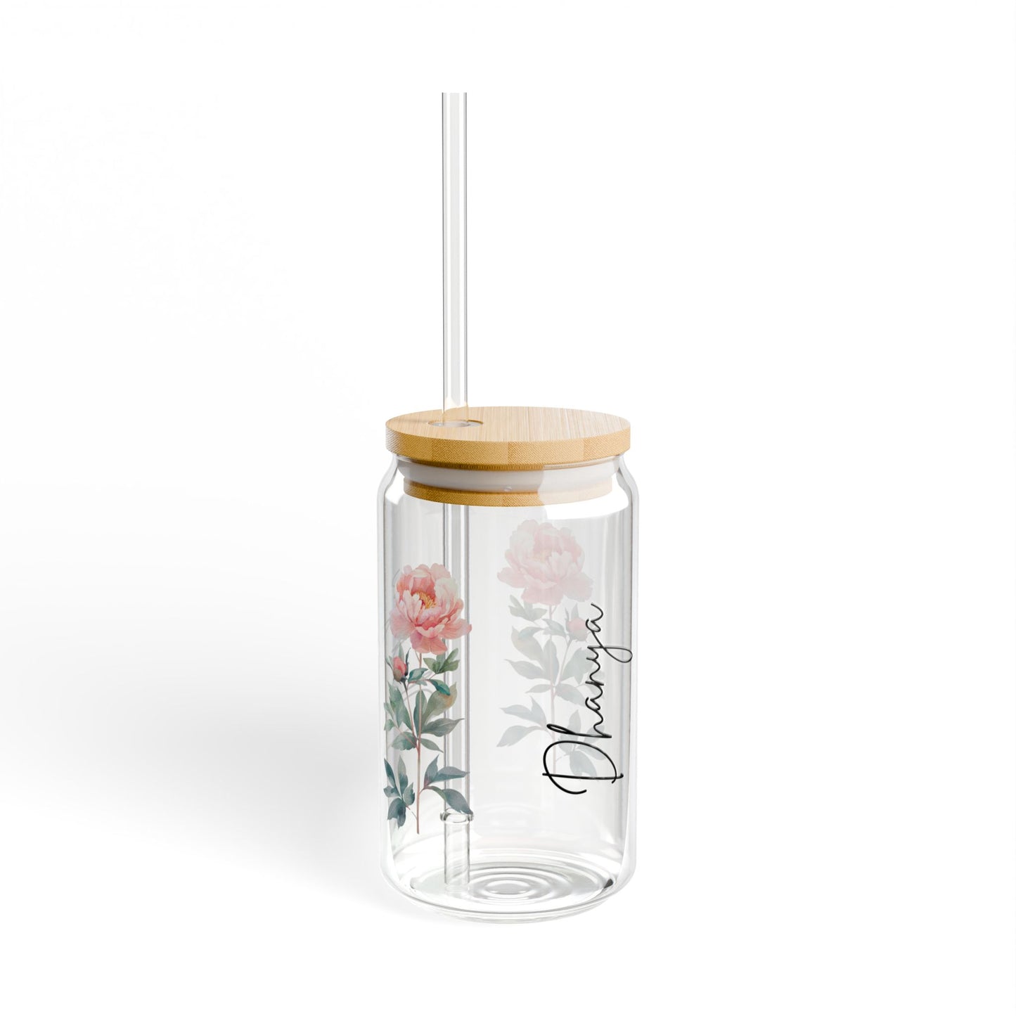 Floral Sipper Glass, Personalized Drinkware, 16oz Mason Jar, Elegant Floral Design, Eco-Friendly Straw, Perfect for Gift or Home
