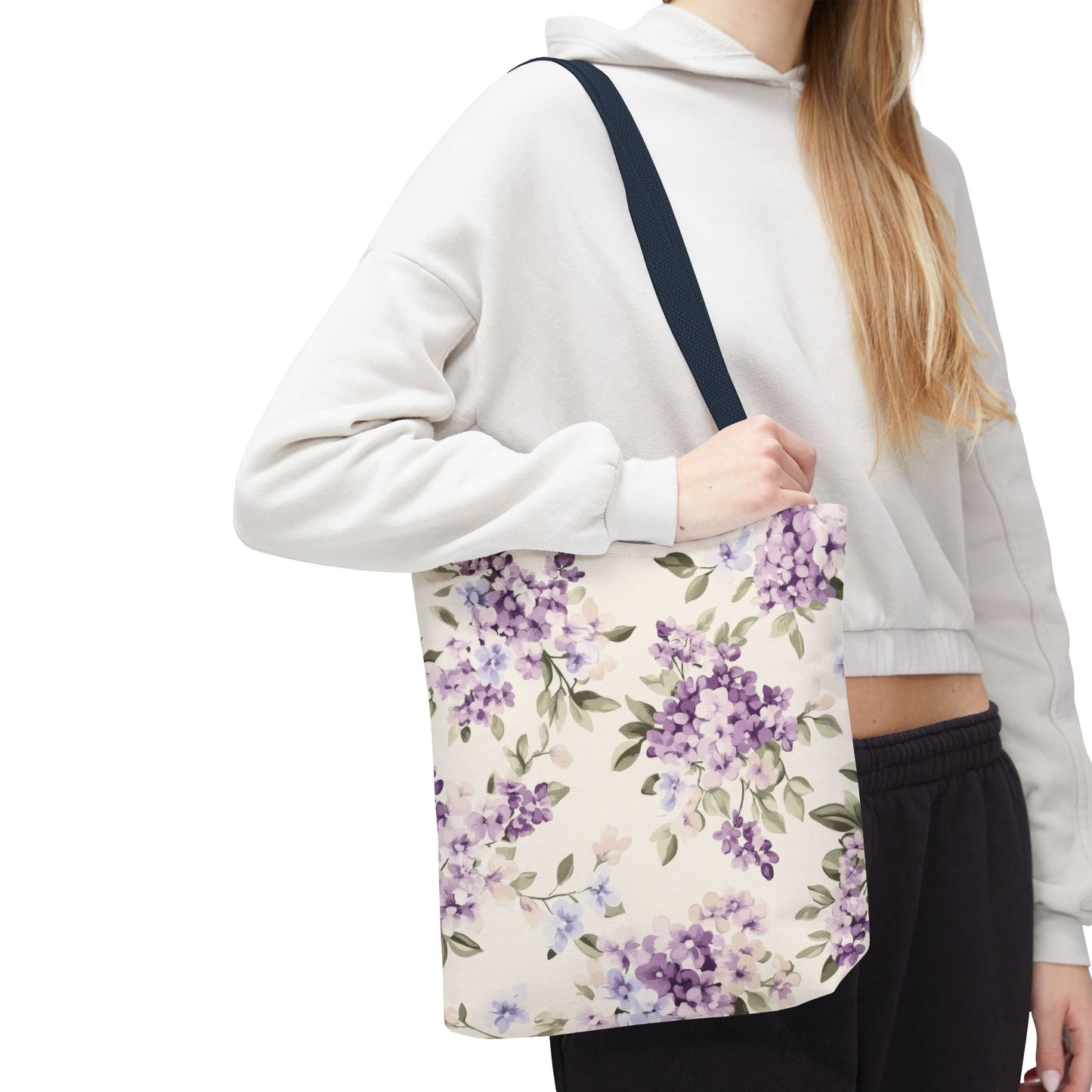 Floral Tote Bag, AOP Shopping Bag, Eco-Friendly Tote, Purple Flower Bag, Gift for Her, Reusable Market Bag, Spring Accessory