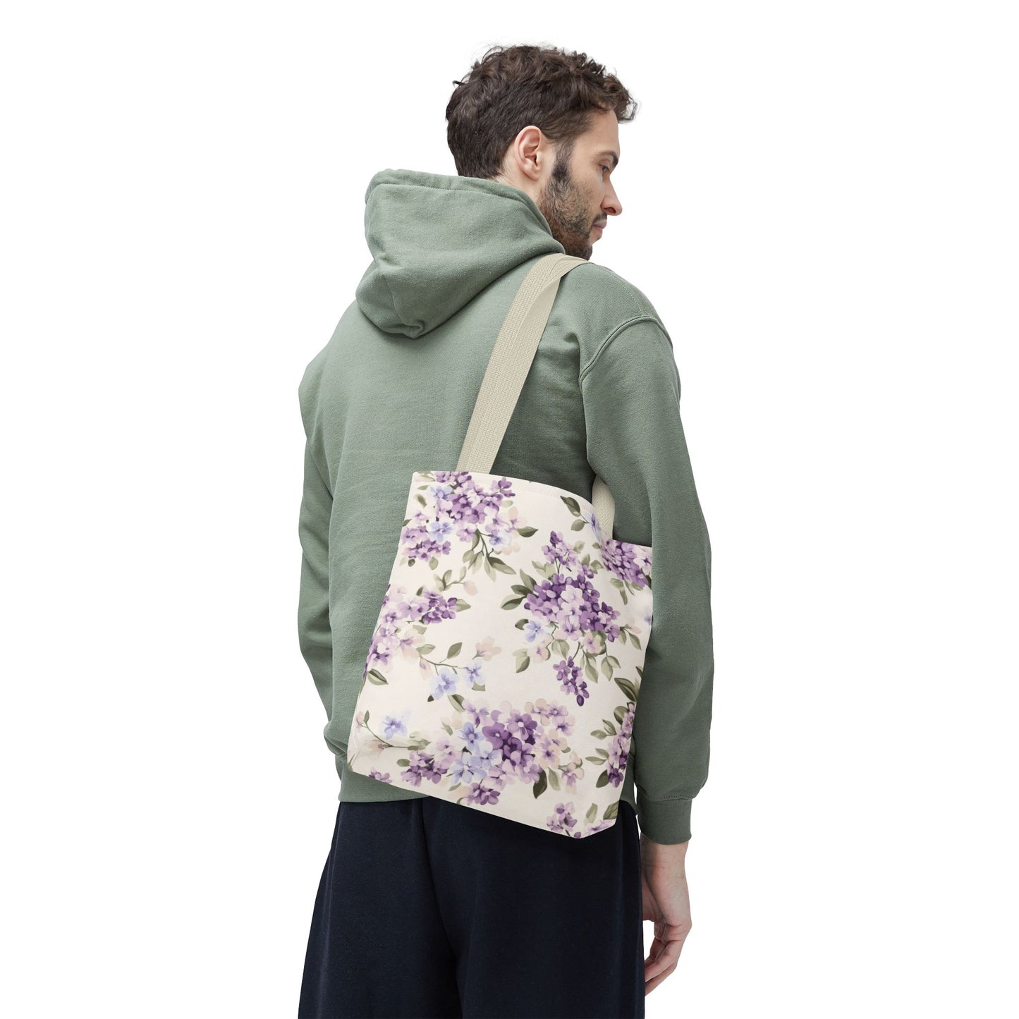 Floral Tote Bag, AOP Shopping Bag, Eco-Friendly Tote, Purple Flower Bag, Gift for Her, Reusable Market Bag, Spring Accessory