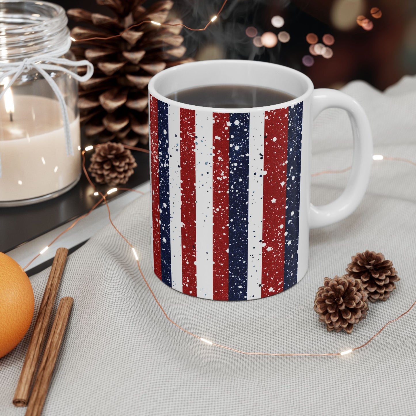 Patriotic Ceramic Mug - Red, White, and Blue Striped Coffee Cup, 4th of July Gift, Americana Mug, Celebration Drinkware, USA Pride