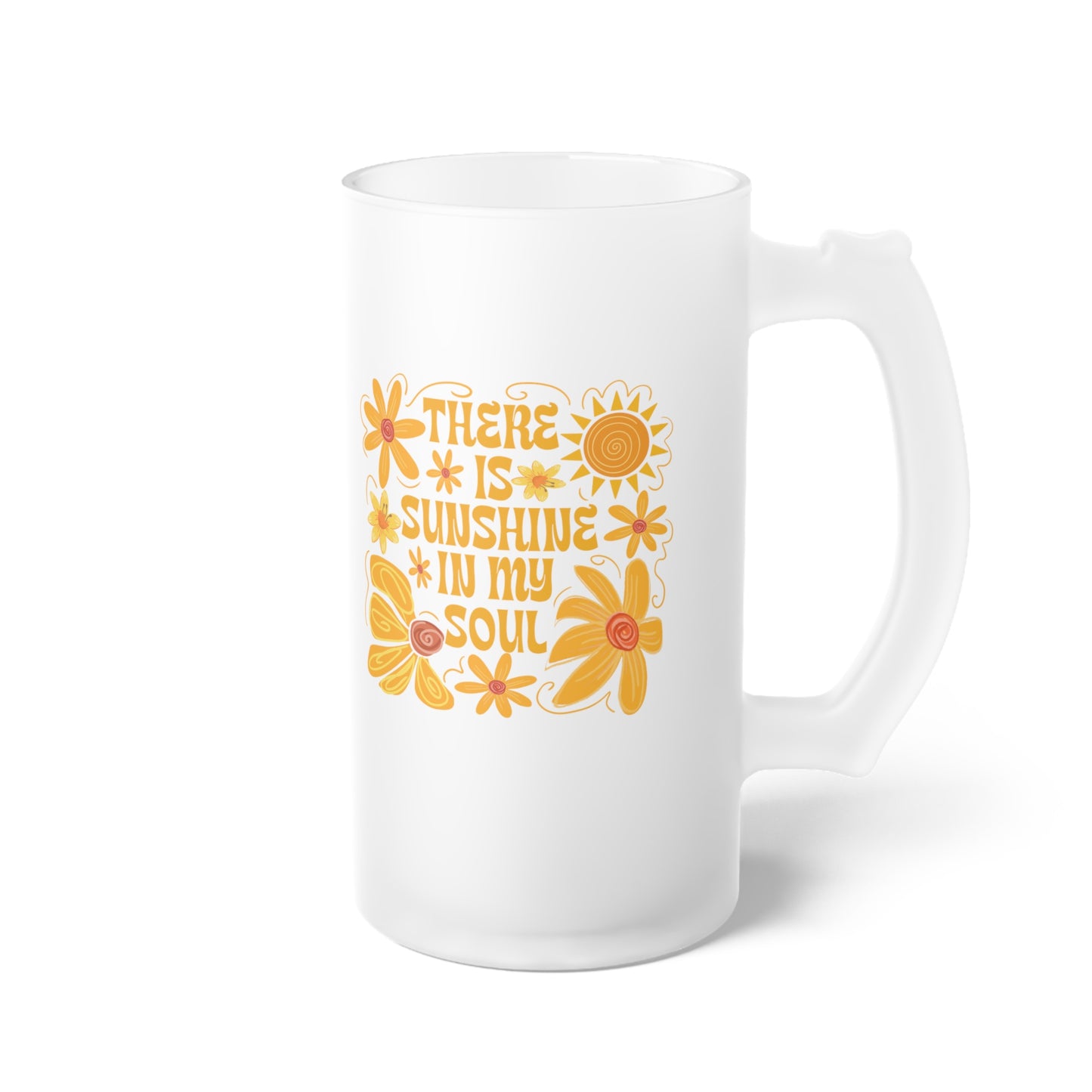 Frosted Glass Beer Mug with Sunshine and Flowers Design, Floral Beer Mug, Summer Party Drinkware, Gift for Beer Lovers, Outdoor Picnic Mug