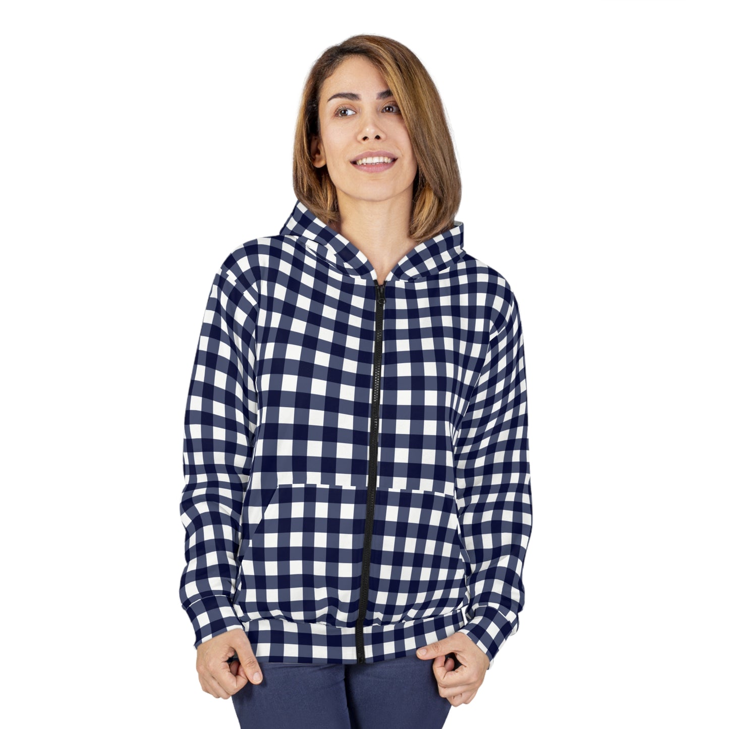 Navy Plaid Unisex Zip Hoodie - Cozy Sweatshirt, Casual Layering, Great for Fall & Winter, Perfect Gift for Friends & Family
