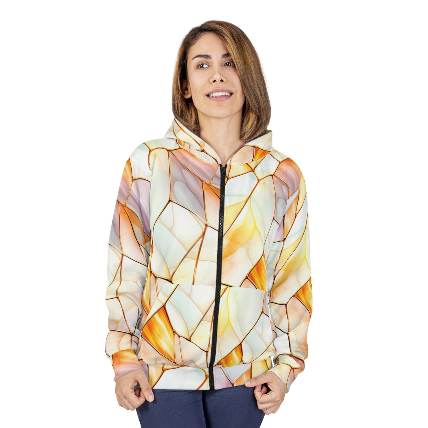 Stained Glass Unisex Zip Hoodie, Artistic Layered Zip-Up, Cozy Fashion, Unique Gift, Vibrant Design, Everyday Wear, Warm Essentials