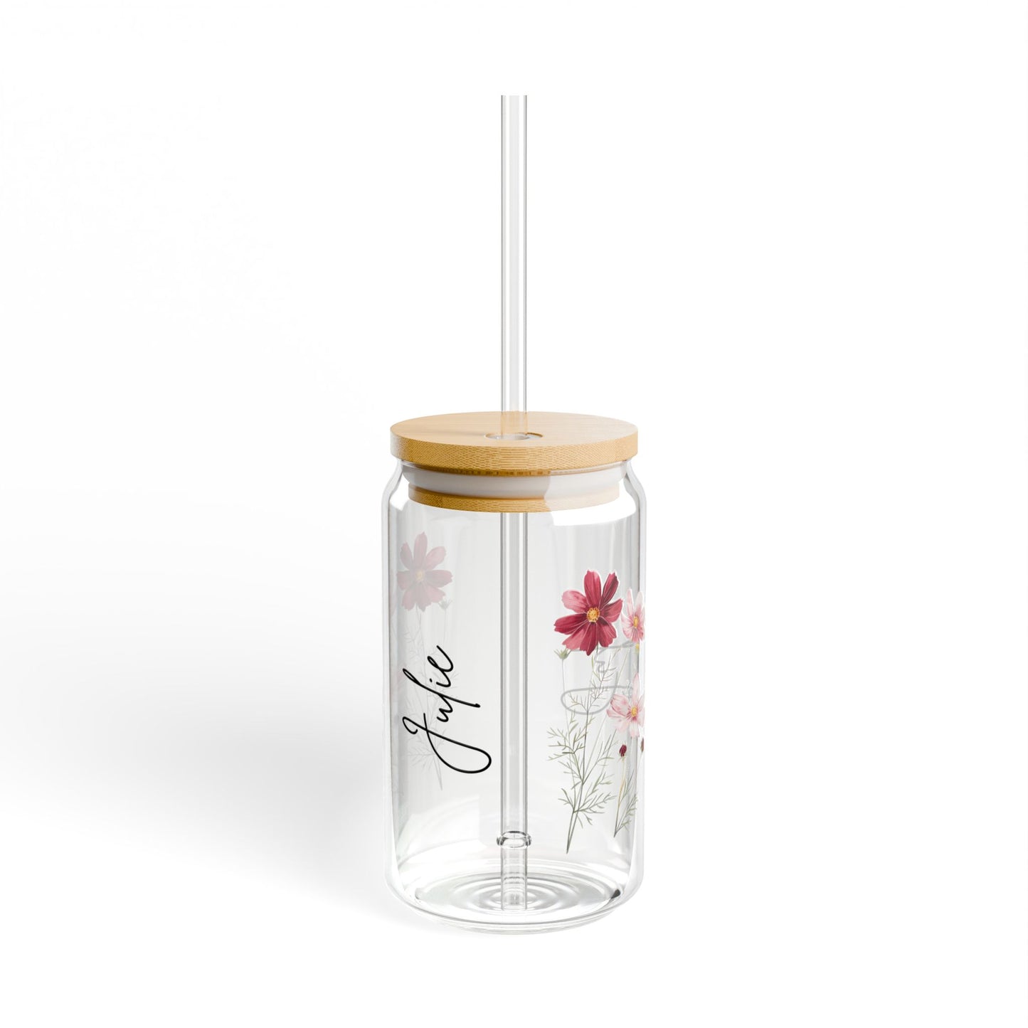 Floral Sipper Glass with Bamboo Lid, Eco-Friendly Drinkware for Summer, Personalized Beverage Jar for Gifts, Reusable Glass, Party Favor