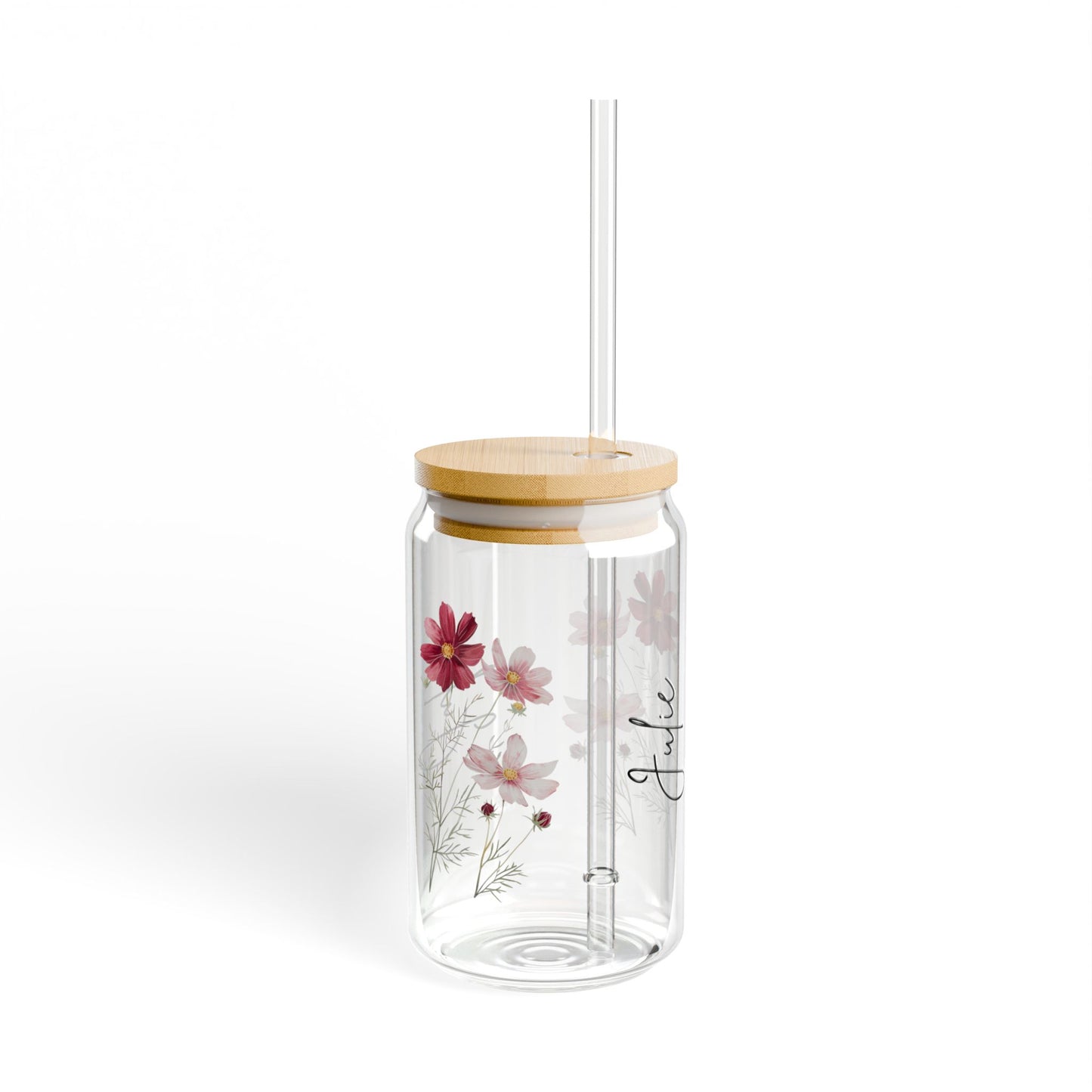 Floral Sipper Glass with Bamboo Lid, Eco-Friendly Drinkware for Summer, Personalized Beverage Jar for Gifts, Reusable Glass, Party Favor