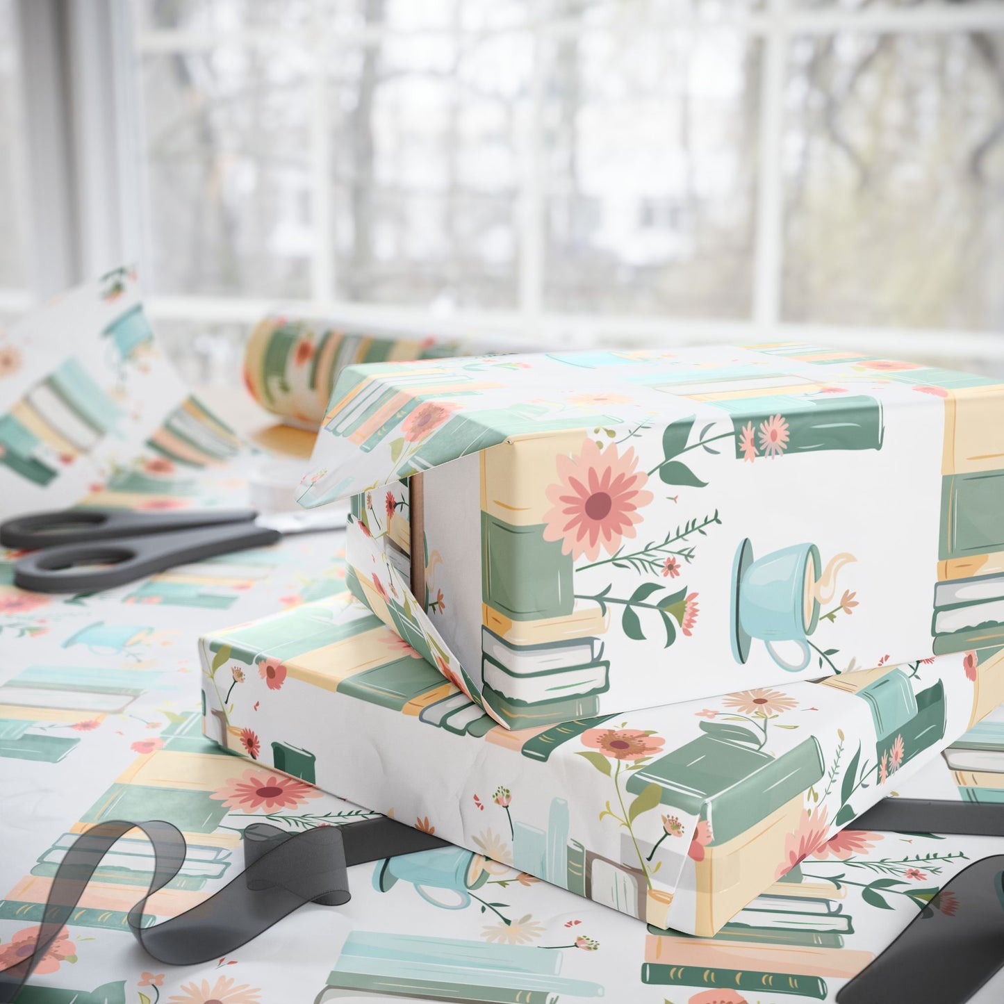 Botanical Book Themed Wrapping Paper - Book Lovers Gift Wrap, Floral Gift Paper for Birthdays, Anniversaries, Baby Showers, Literary Parties