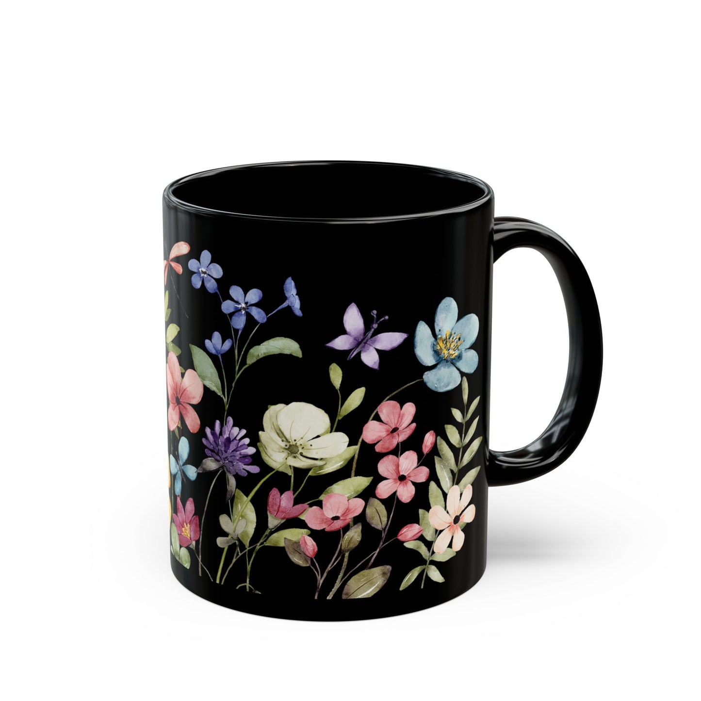 Floral Black Coffee Mug, Beautiful Flower Design, Gift for Plant Lovers, Eco-Friendly Mug, Perfect for Mother's Day, Birthday, Home Decor
