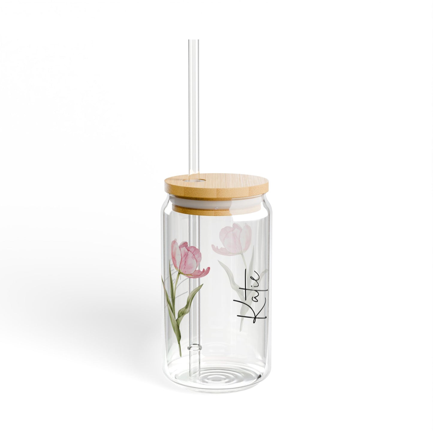 Personalized Floral Sipper Glass, Custom Drinkware, Eco-Friendly Water Bottle, Spring Decor, Gift for Her, Engagement Gift