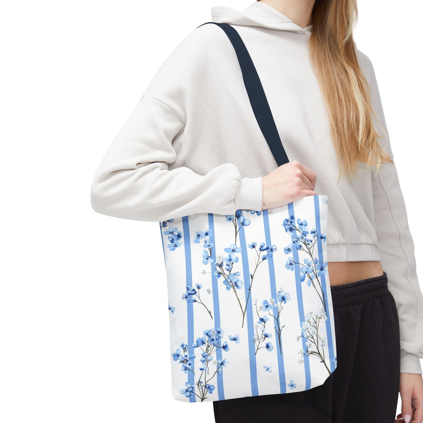 Floral Blue Striped Tote Bag - Stylish Beach Carryall, Reusable Grocery Tote, Gift for Her, Spring Floral Bag, Everyday Handbag
