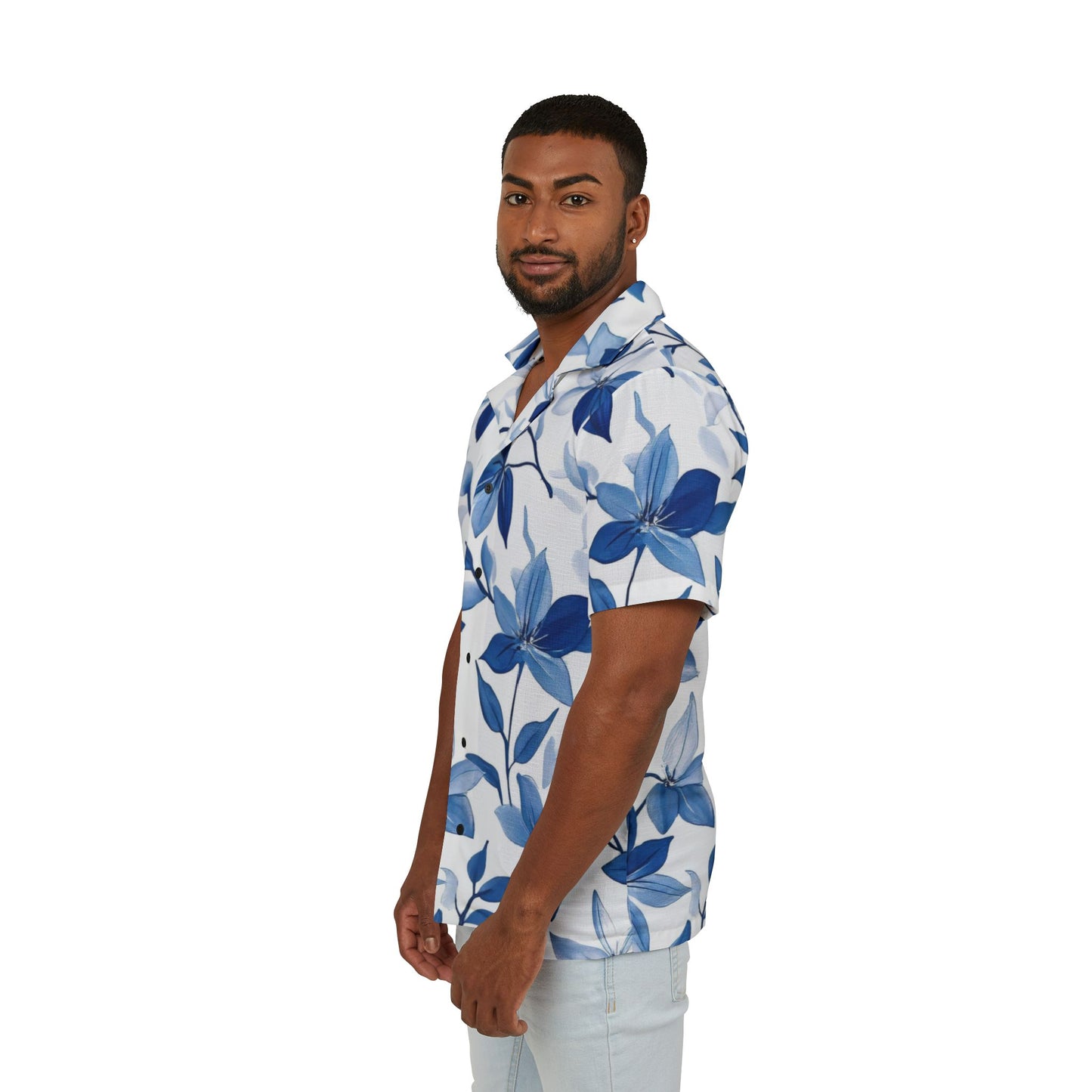 Blue Floral Men's Hawaiian Camp Shirt - Summer Vibes, Beachwear, Vacation Essentials, Casual & Tropical Apparel