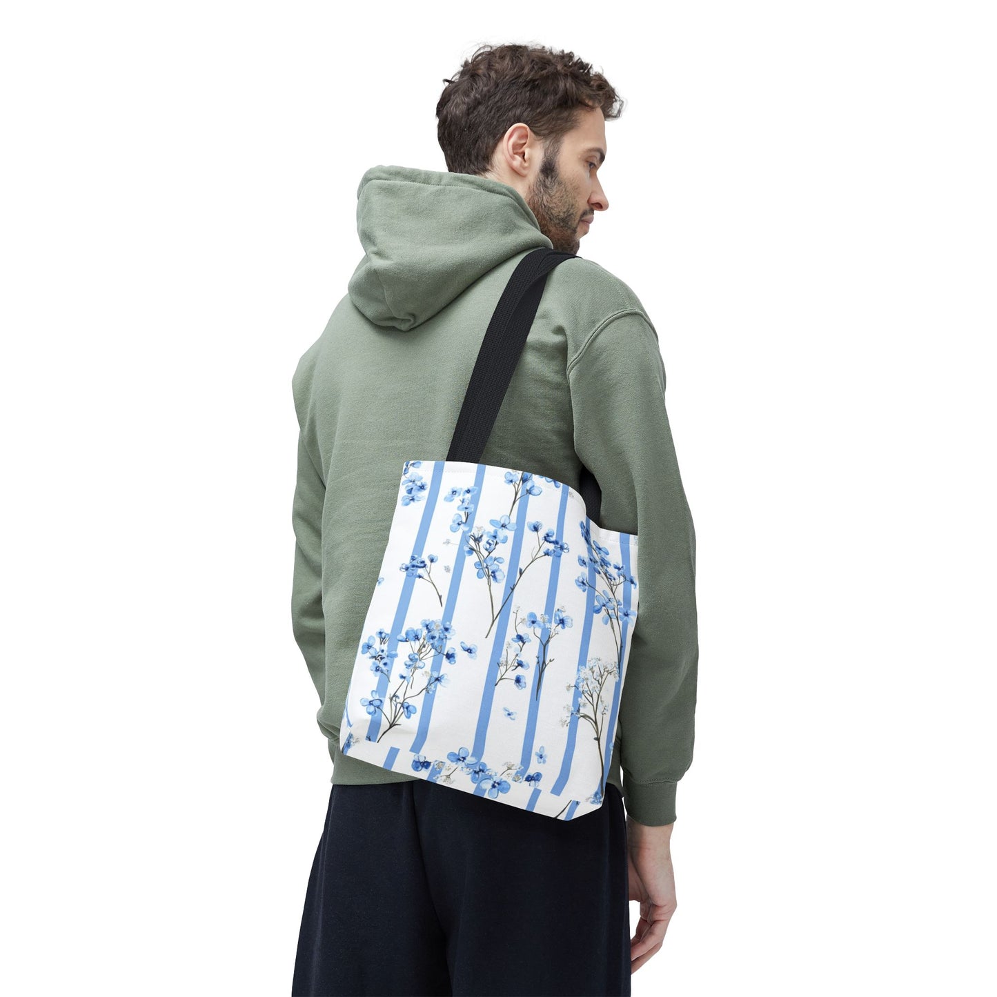 Floral Blue Striped Tote Bag - Stylish Beach Carryall, Reusable Grocery Tote, Gift for Her, Spring Floral Bag, Everyday Handbag