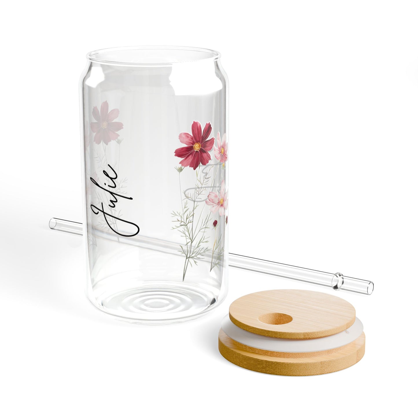 Floral Sipper Glass with Bamboo Lid, Eco-Friendly Drinkware for Summer, Personalized Beverage Jar for Gifts, Reusable Glass, Party Favor