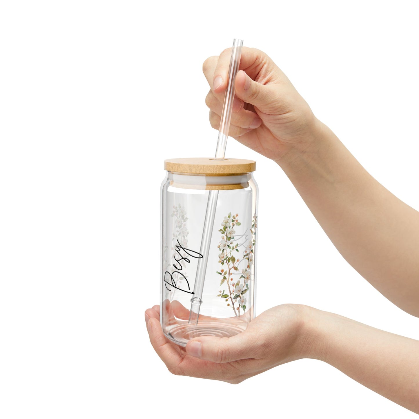 Floral Sipper Glass, 16oz | Eco-Friendly Drinkware, Perfect for Summer, Water Bottle, Clear Glass Cup, Gift for Friends