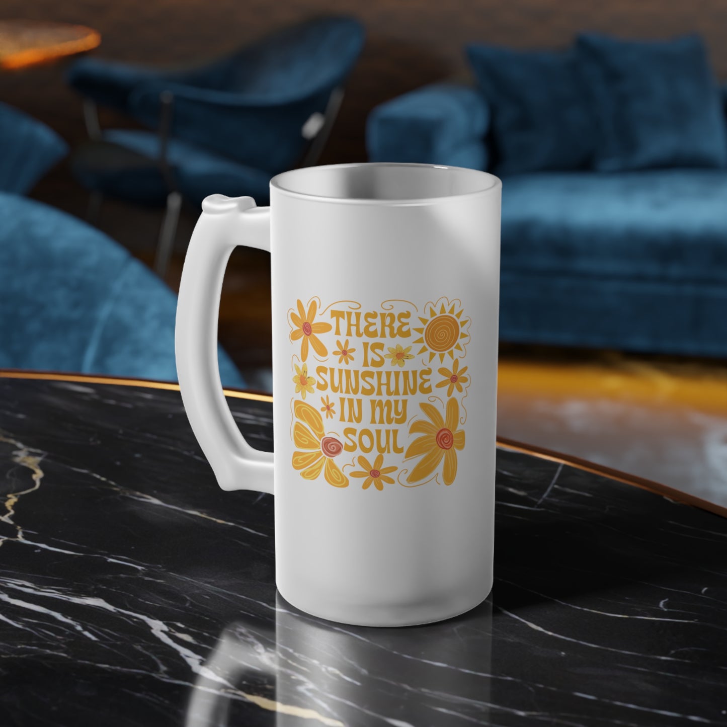 Frosted Glass Beer Mug with Sunshine and Flowers Design, Floral Beer Mug, Summer Party Drinkware, Gift for Beer Lovers, Outdoor Picnic Mug