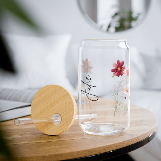 Floral Sipper Glass with Bamboo Lid, Eco-Friendly Drinkware for Summer, Personalized Beverage Jar for Gifts, Reusable Glass, Party Favor