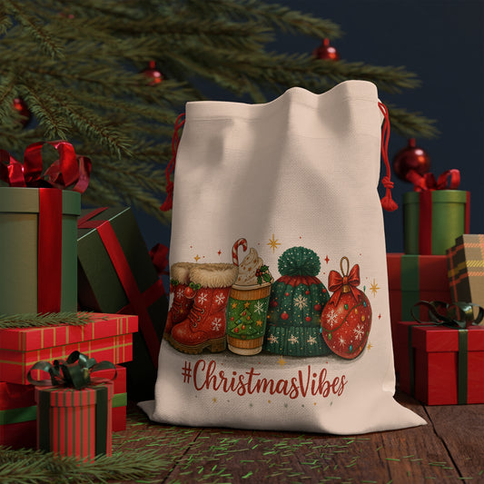 Christmas Vibes Gift Bag | Festive Santa Sack for Holiday Gifts, Merry Christmas Pouch, Seasonal Gift Wrap, Reusable Holiday Tote