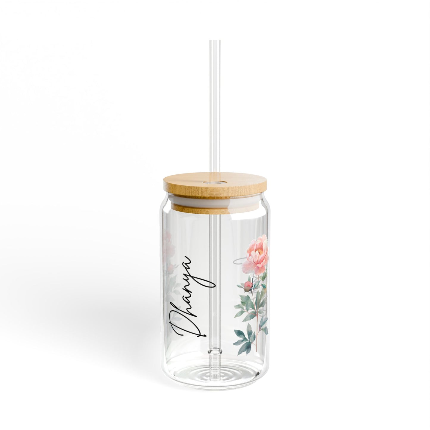 Floral Sipper Glass, Personalized Drinkware, 16oz Mason Jar, Elegant Floral Design, Eco-Friendly Straw, Perfect for Gift or Home