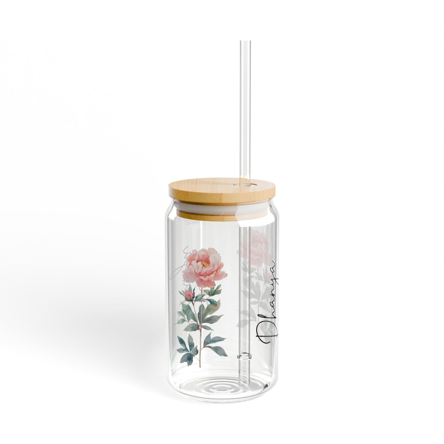 Floral Sipper Glass, Personalized Drinkware, 16oz Mason Jar, Elegant Floral Design, Eco-Friendly Straw, Perfect for Gift or Home