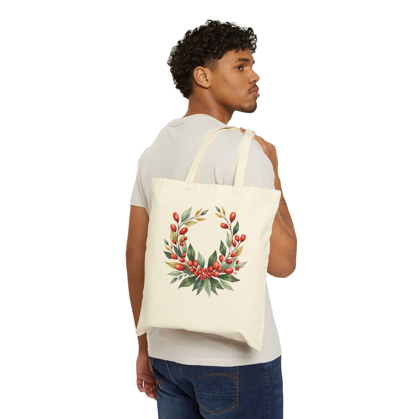 Festive Wreath Cotton Canvas Tote Bag, Holiday Shopping, Eco-Friendly Gift, Floral Design, Reusable Grocery Tote