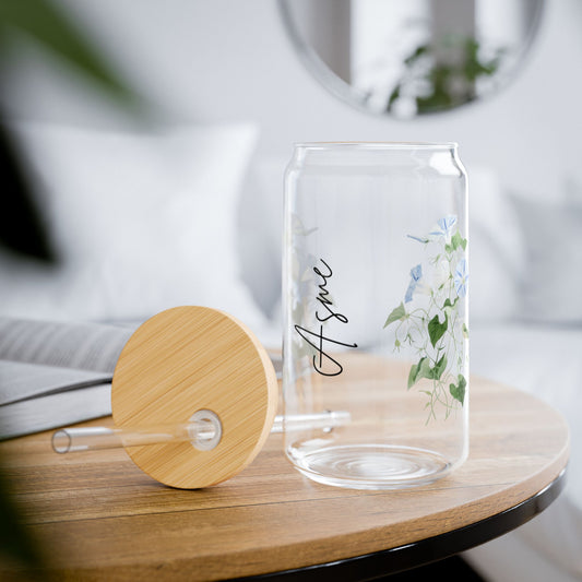 Floral Sipper Glass | 16oz Botanical Drinkware, Eco-Friendly Cup, Reusable Beverage Container, Perfect Gift for Nature Lovers