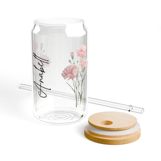 Floral Sipper Glass - 16oz Hydration Jar, Reusable Drinkware, Eco-Friendly, Kitchen Decor, Personalized Gift, Summer Essentials