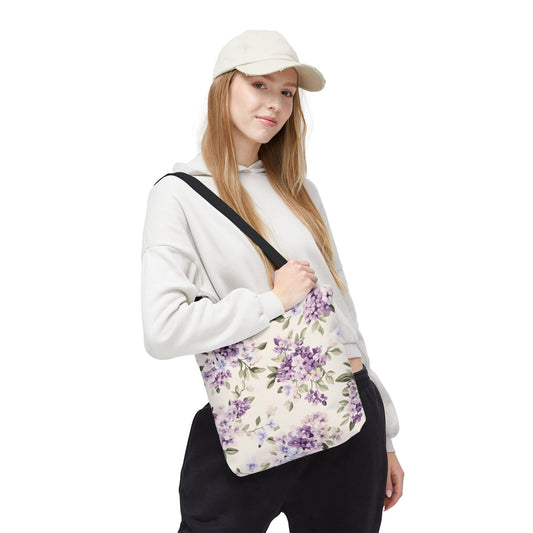 Floral Tote Bag, AOP Shopping Bag, Eco-Friendly Tote, Purple Flower Bag, Gift for Her, Reusable Market Bag, Spring Accessory