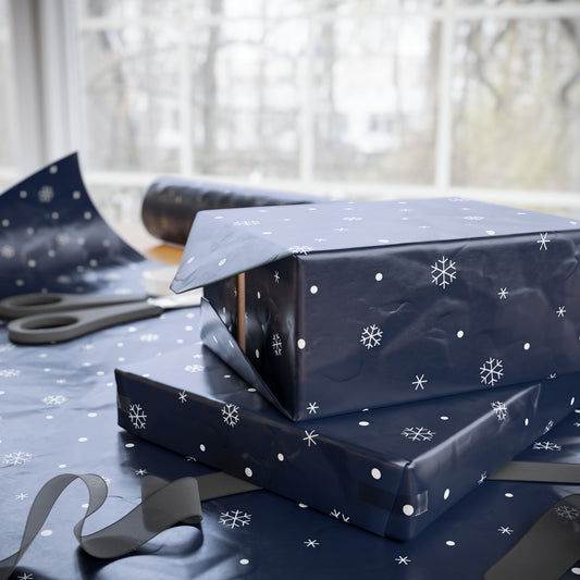Navy Blue Snowflake Wrapping Paper, Festive Gift Wrap for Holidays, Christmas, Birthday, Winter Celebration, Eco-friendly Decorative Paper