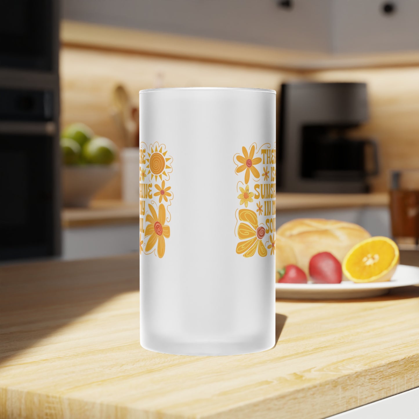 Frosted Glass Beer Mug with Sunshine and Flowers Design, Floral Beer Mug, Summer Party Drinkware, Gift for Beer Lovers, Outdoor Picnic Mug