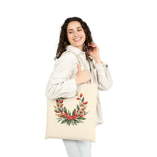 Festive Wreath Cotton Canvas Tote Bag, Holiday Shopping, Eco-Friendly Gift, Floral Design, Reusable Grocery Tote