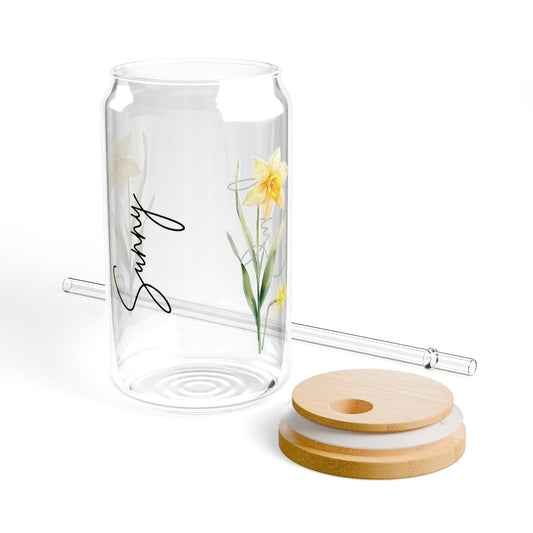 Sunny Floral Sipper Glass, 16oz - Eco-Friendly Drinkware, Travel Water Bottle, Summer Party Decor, Gift for Her, Flower Lover's Mug
