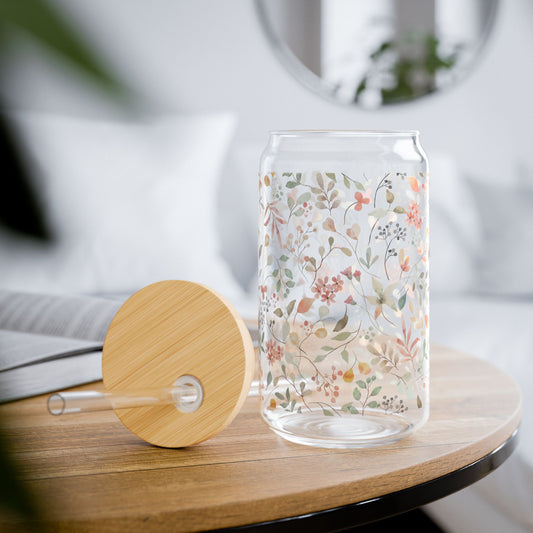 Floral Sipper Glass, 16oz Water Bottle, Eco-Friendly Drinkware, Botanical Straw Jar, Gift for Garden Lovers, Party Essential