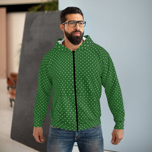 Festive Polka Dot Hoodie for Cozy Days, Unisex Zip Hoodie, Holiday Gift, Winter Wear, Casual Comfort, Celebrate in Style