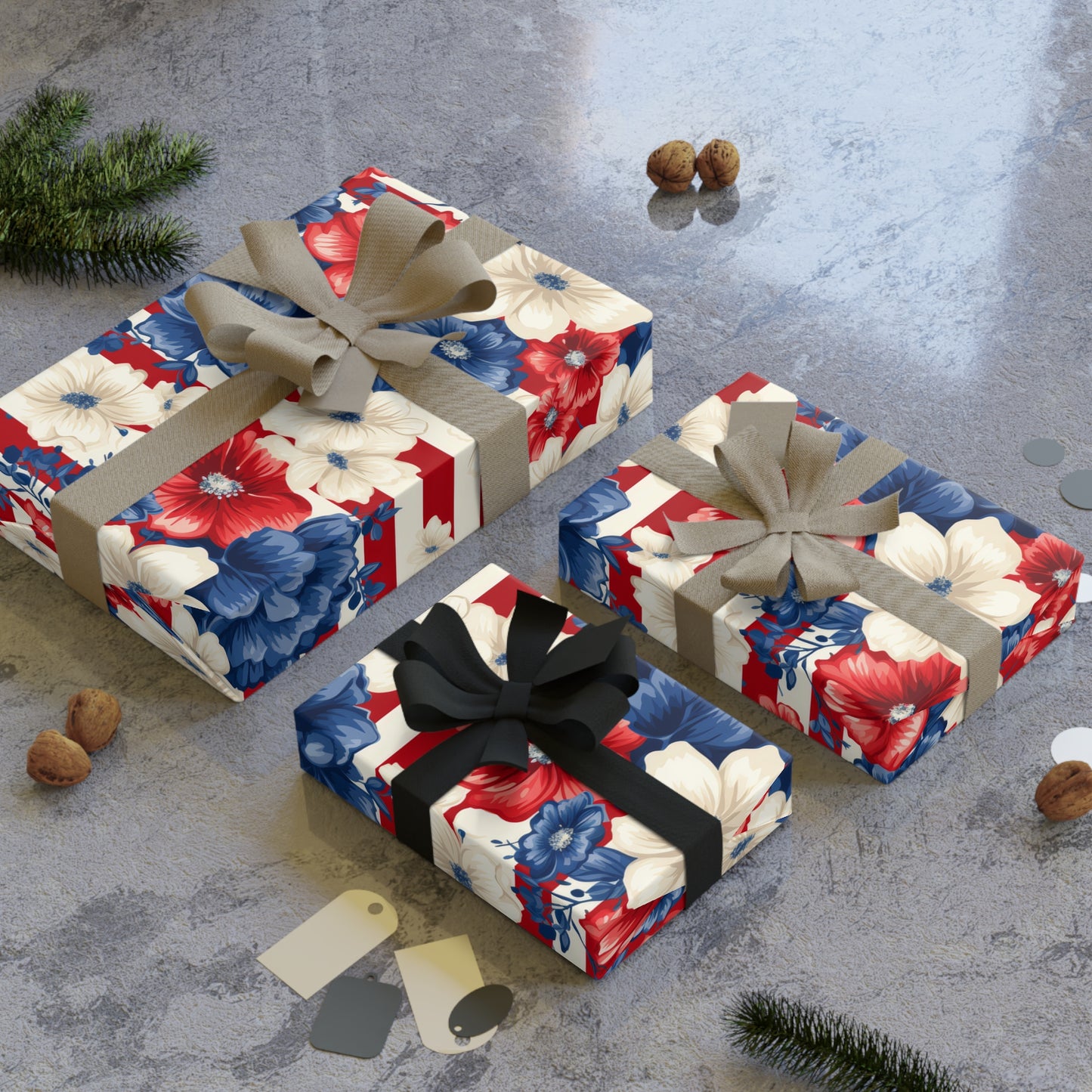 Patriotic Floral Gift Wrapping Paper, Ideal for Celebrations, Holidays, and Special Occasions, Red White Blue Design, Wrap Gifts with [...]