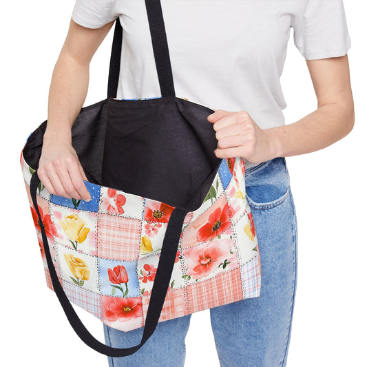 Floral Patchwork Weekender Tote Bag, Perfect for Travel, Beach, Picnics, Day Trips, and Weekend Getaways