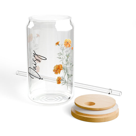 Floral Sipper Glass, 16oz | Handmade Drinkware, Sustainable Beverage Container, Great for Gifts, Eco-Friendly Hydration