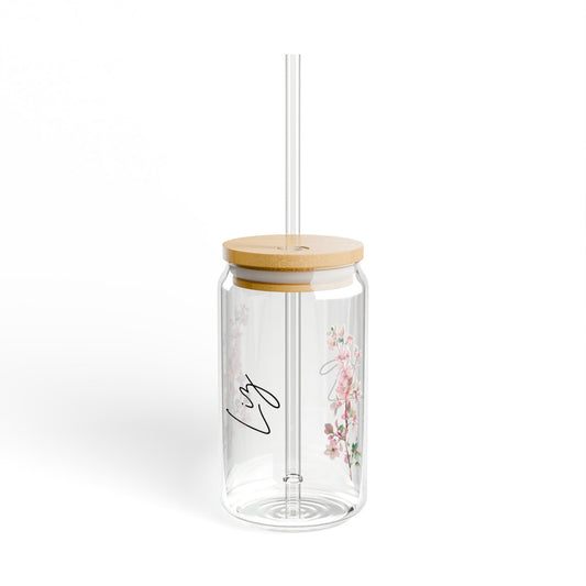 Floral Personalized Sipper Glass, Custom Drinkware, Eco-Friendly Beverage Container, Perfect for Weddings, Parties, Gifts