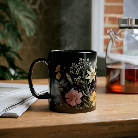 Floral Black Coffee Mug, Beautiful Flower Design, Gift for Plant Lovers, Eco-Friendly Mug, Perfect for Mother's Day, Birthday, Home Decor