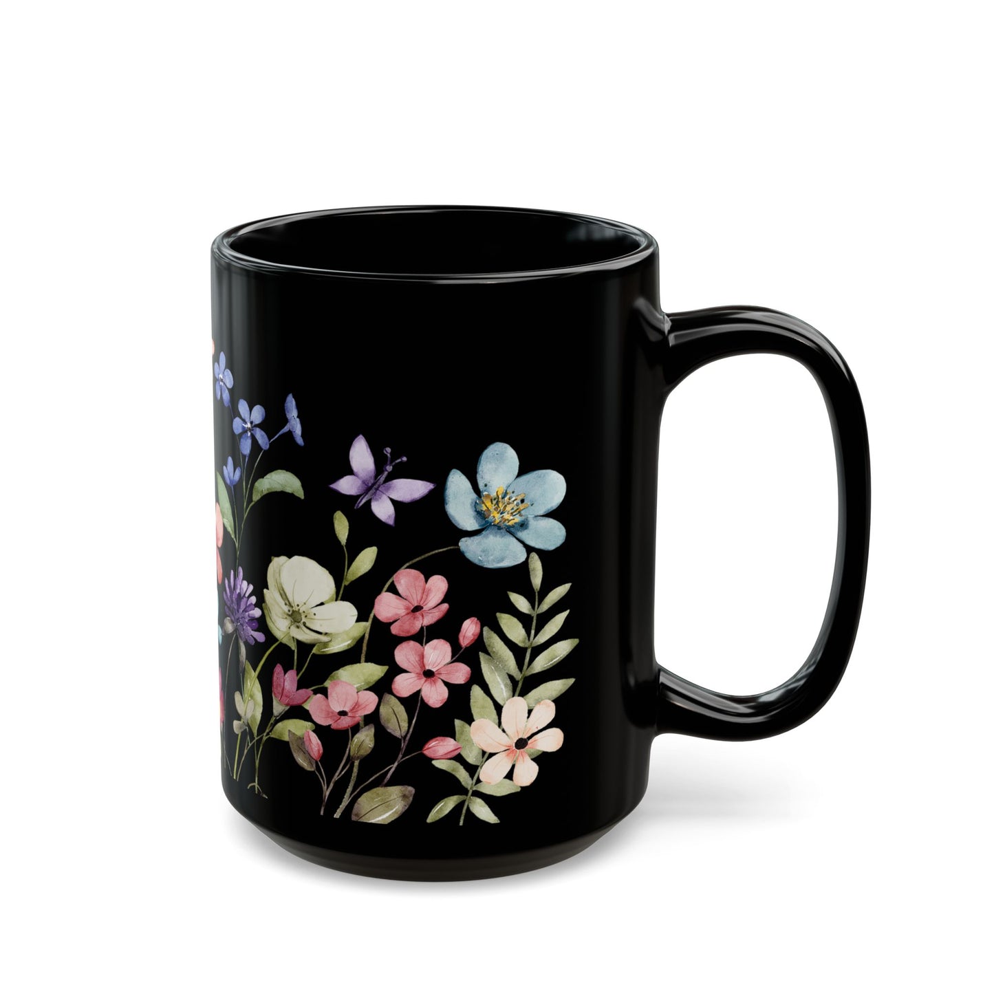 Floral Black Coffee Mug, Beautiful Flower Design, Gift for Plant Lovers, Eco-Friendly Mug, Perfect for Mother's Day, Birthday, Home Decor
