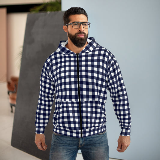 Navy Plaid Unisex Zip Hoodie - Cozy Sweatshirt, Casual Layering, Great for Fall & Winter, Perfect Gift for Friends & Family