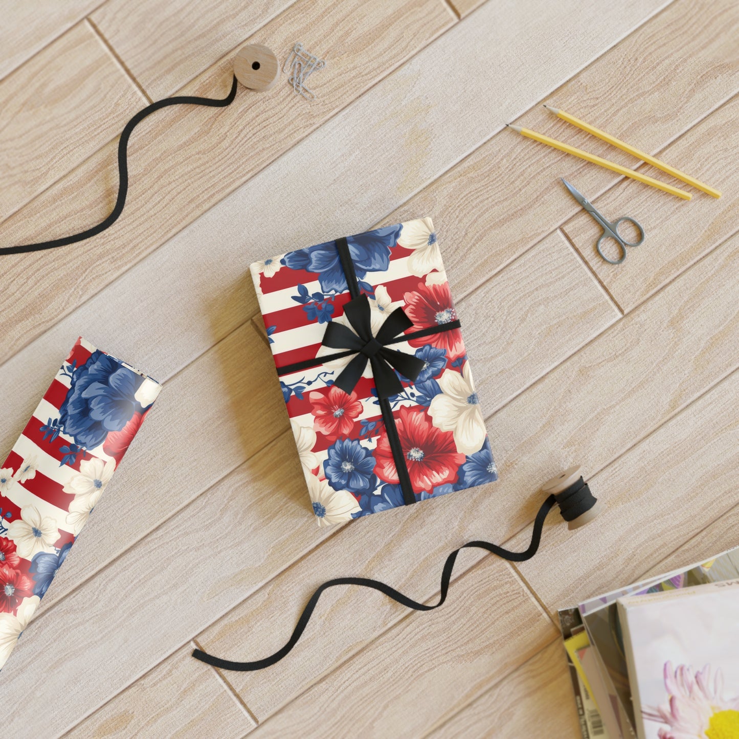 Patriotic Floral Gift Wrapping Paper, Ideal for Celebrations, Holidays, and Special Occasions, Red White Blue Design, Wrap Gifts with [...]