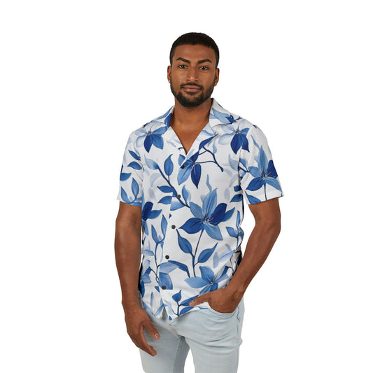 Blue Floral Men's Hawaiian Camp Shirt - Summer Vibes, Beachwear, Vacation Essentials, Casual & Tropical Apparel