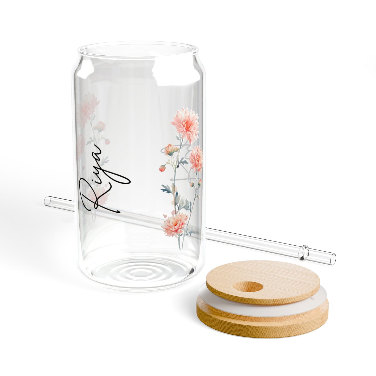 Floral Sipper Glass, 16oz - Personalized Drinkware for Home, Gifts, Party Favors, Eco-Friendly, Summer Refreshments