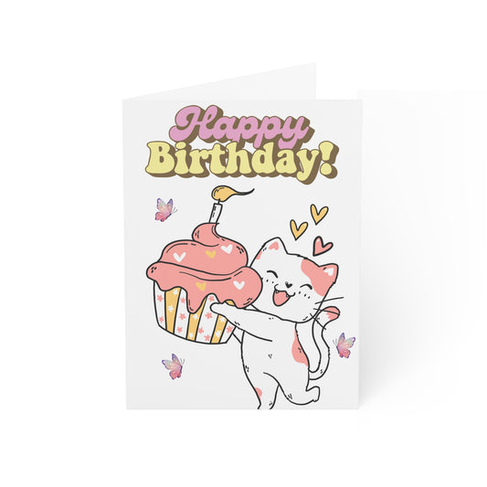 Cute Birthday Greeting Cards Set - 1, 10, 30, or 50pcs with Whimsical Cat and Cupcake Design