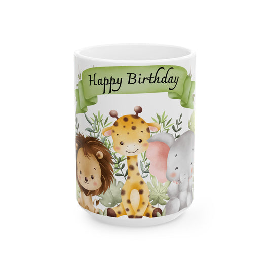 Happy Birthday Animal Friends Ceramic Mug - Cute 11oz & 15oz Coffee Cup for Kids